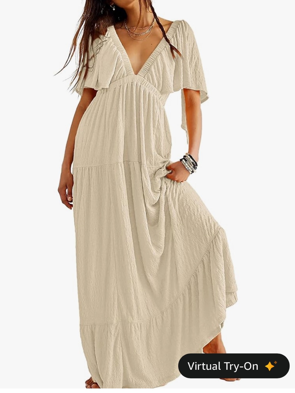 Boho V-Neck Maxi Dress in Cream